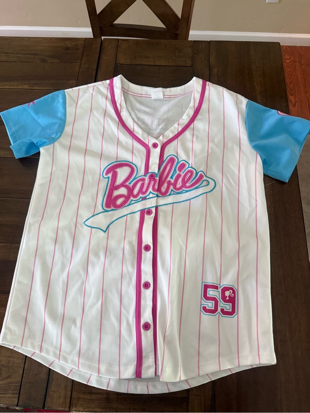 Barbie White Pink & Blue Baseball Jersey Button-Front Top